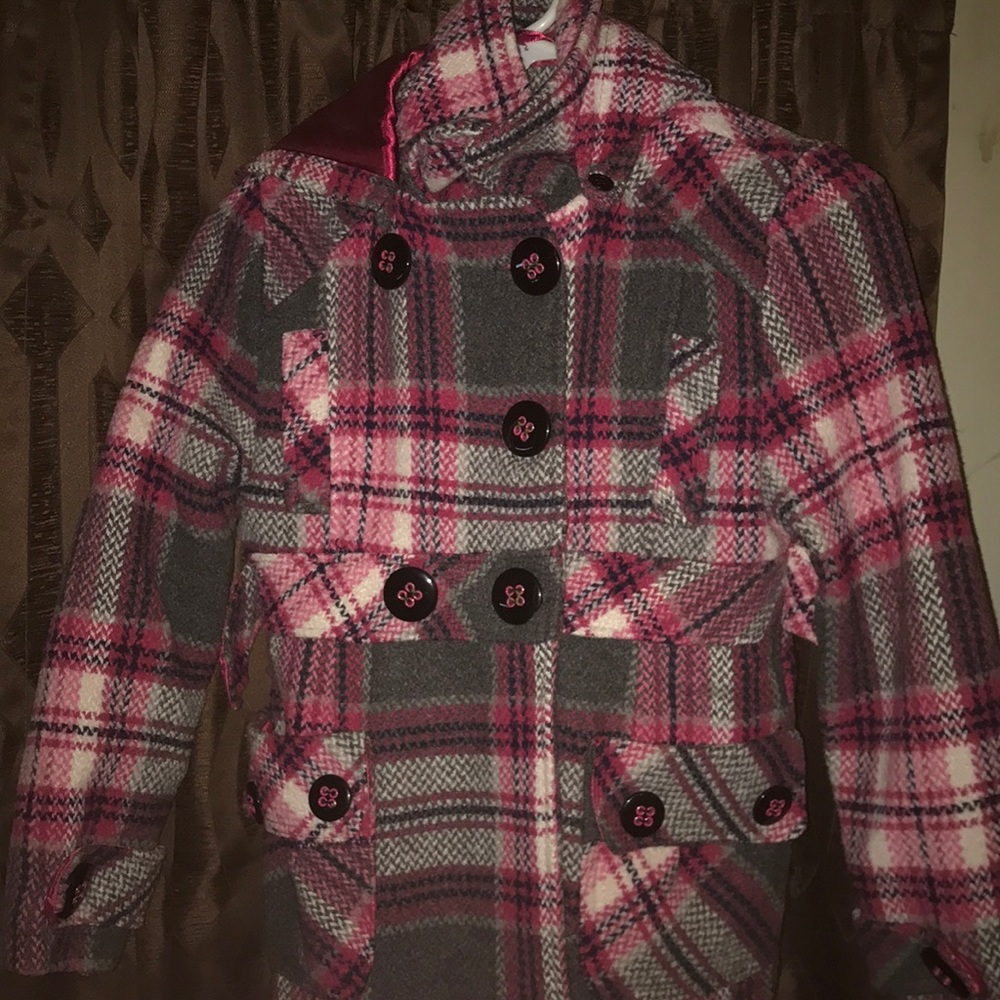 Girls Pink Plaid Peacoat w/hood